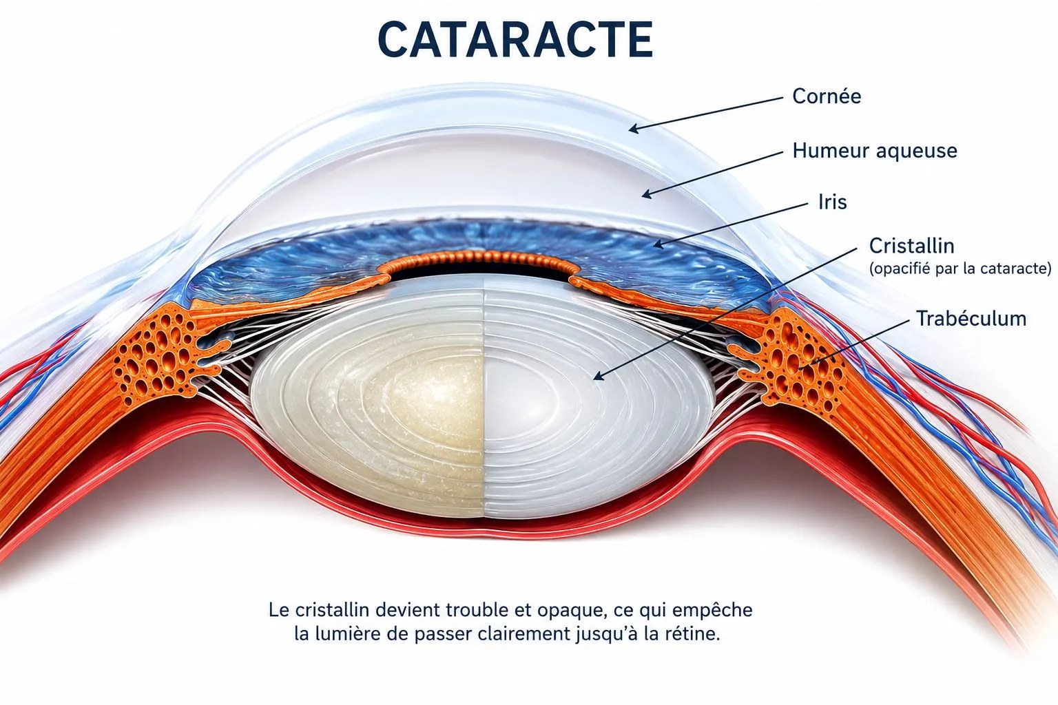 Coupe de l'œil : cristallin opacifié par la cataracte (cornée, humeur aqueuse, iris, trabéculum)