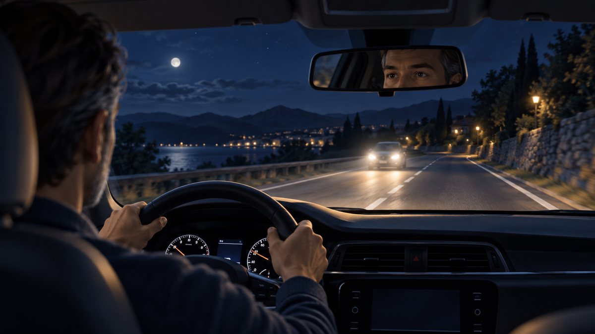 Conducteur de nuit face aux phares d'une voiture qui arrive en sens inverse