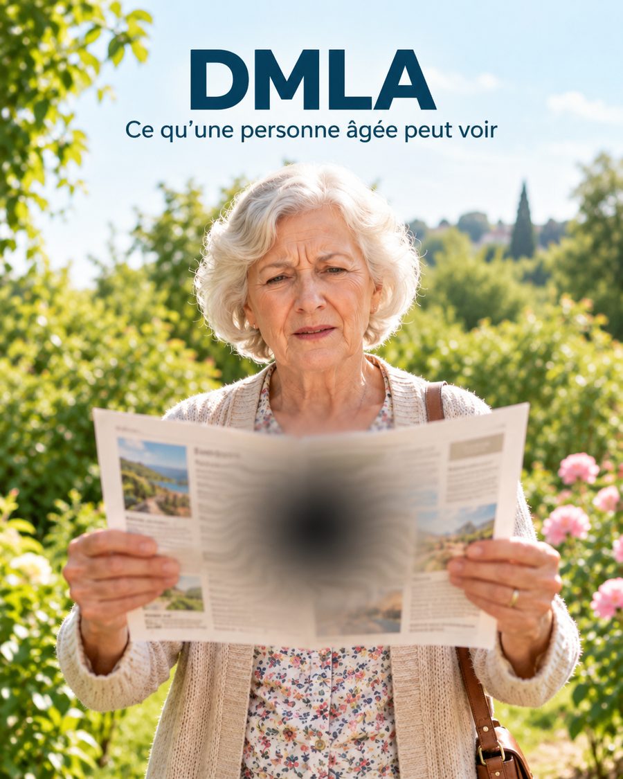 Simulation de vision d'une personne atteinte de DMLA : tache sombre au centre du champ visuel