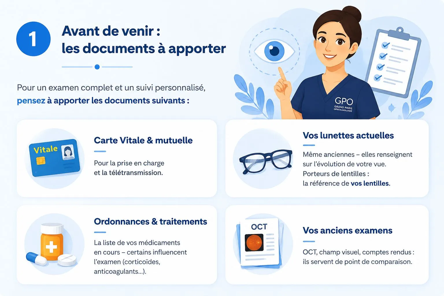 Avant de venir : les documents à apporter — carte Vitale et mutuelle pour la prise en charge, vos lunettes actuelles et la référence de vos lentilles, vos ordonnances et traitements en cours, et vos anciens examens (OCT, champ visuel) qui servent de point de comparaison.