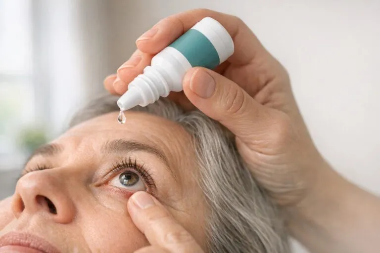 Patiente instillant son collyre hypotonisant, le traitement quotidien du glaucome