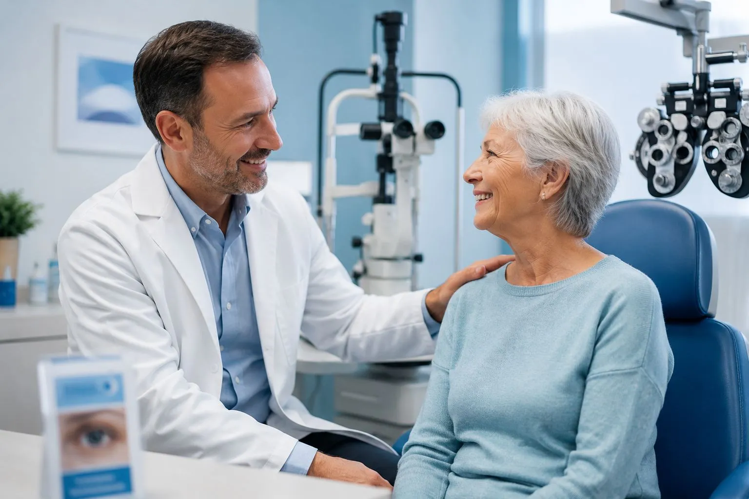Ophtalmologue rassurant une patiente souriante au cabinet de Noisy-le-Grand