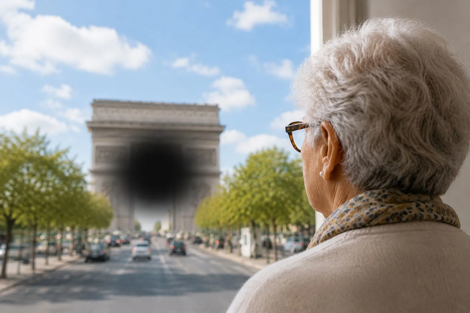 La DMLA vue par le patient : une zone sombre apparaît au centre du champ de vision