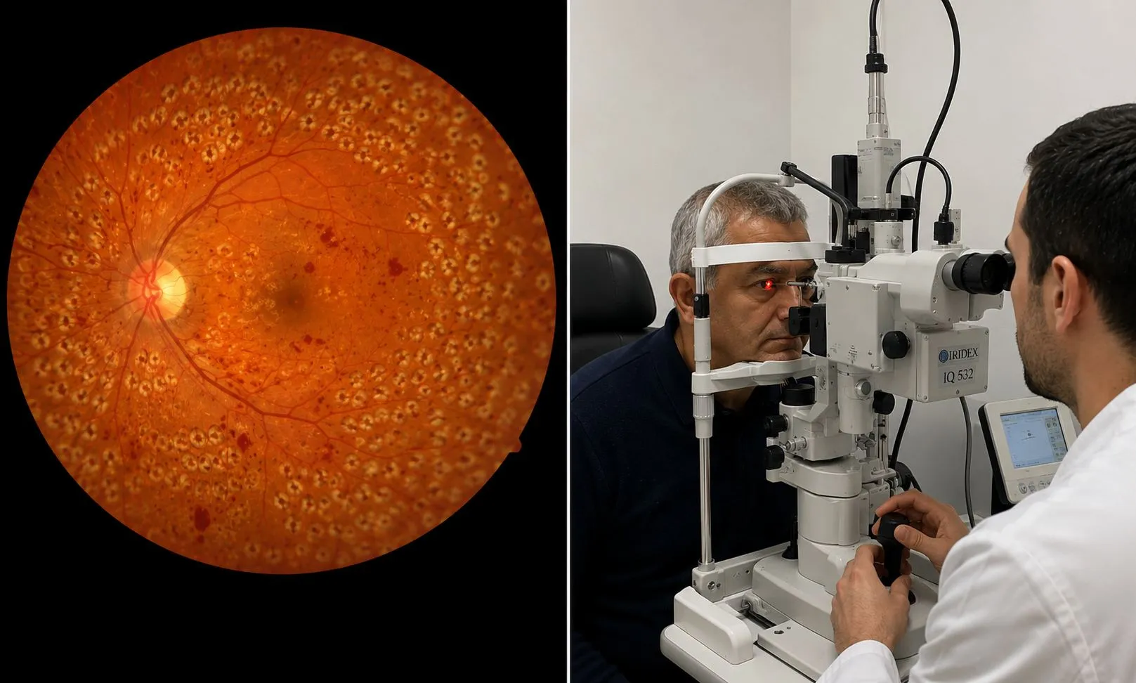 Le laser rétinien : fond d'œil après photocoagulation panrétinienne (impacts de laser) et patient installé à la lampe à fente pendant la séance