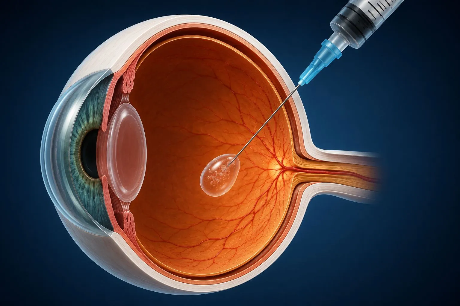 Schéma 3D d'une injection intravitréenne : l'aiguille très fine délivre le médicament dans le vitré, à travers la sclère, à distance des structures sensibles de l'œil