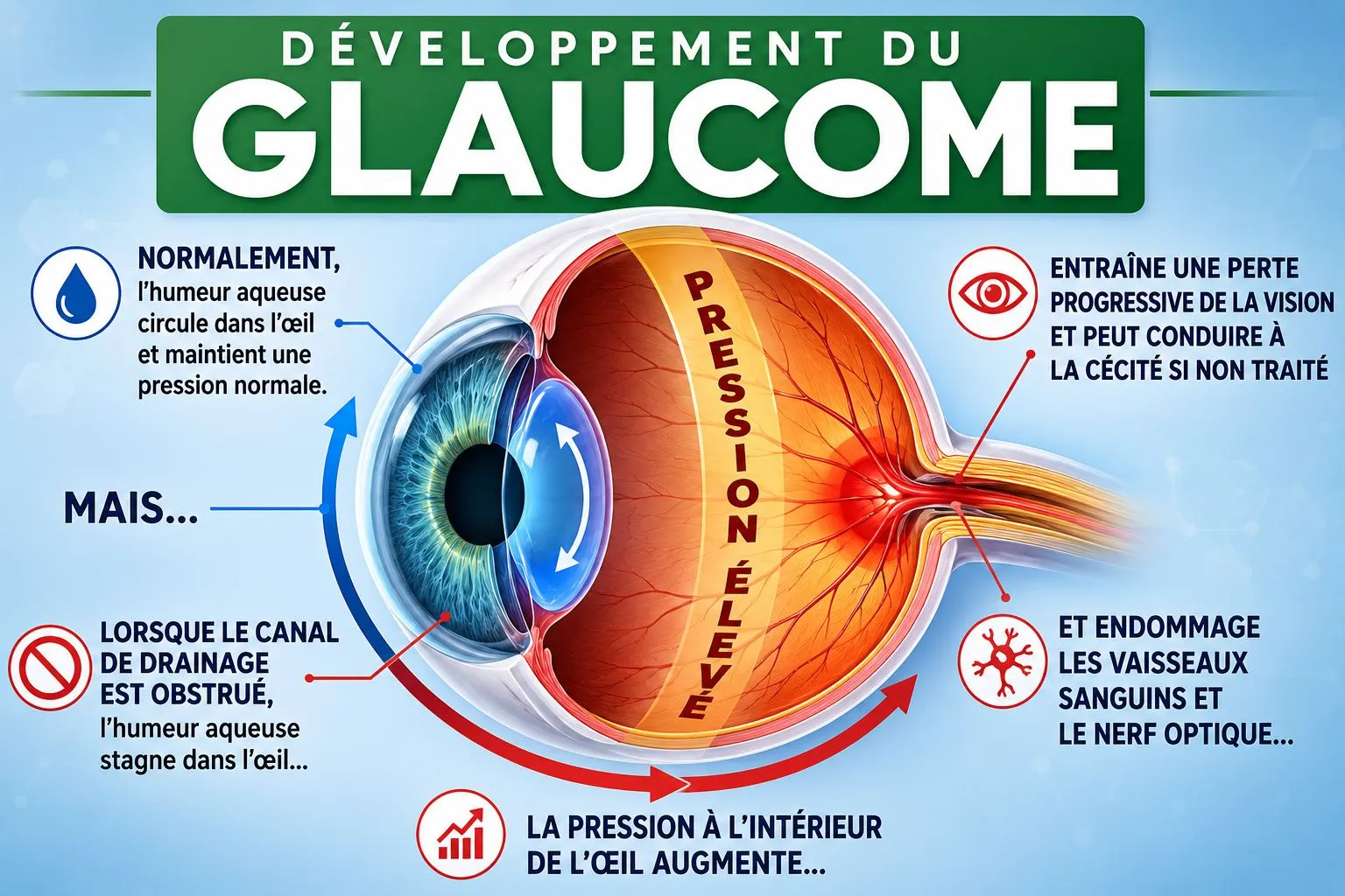 Infographie : le développement du glaucome — le canal de drainage s'obstrue, la pression monte dans l'œil et endommage le nerf optique