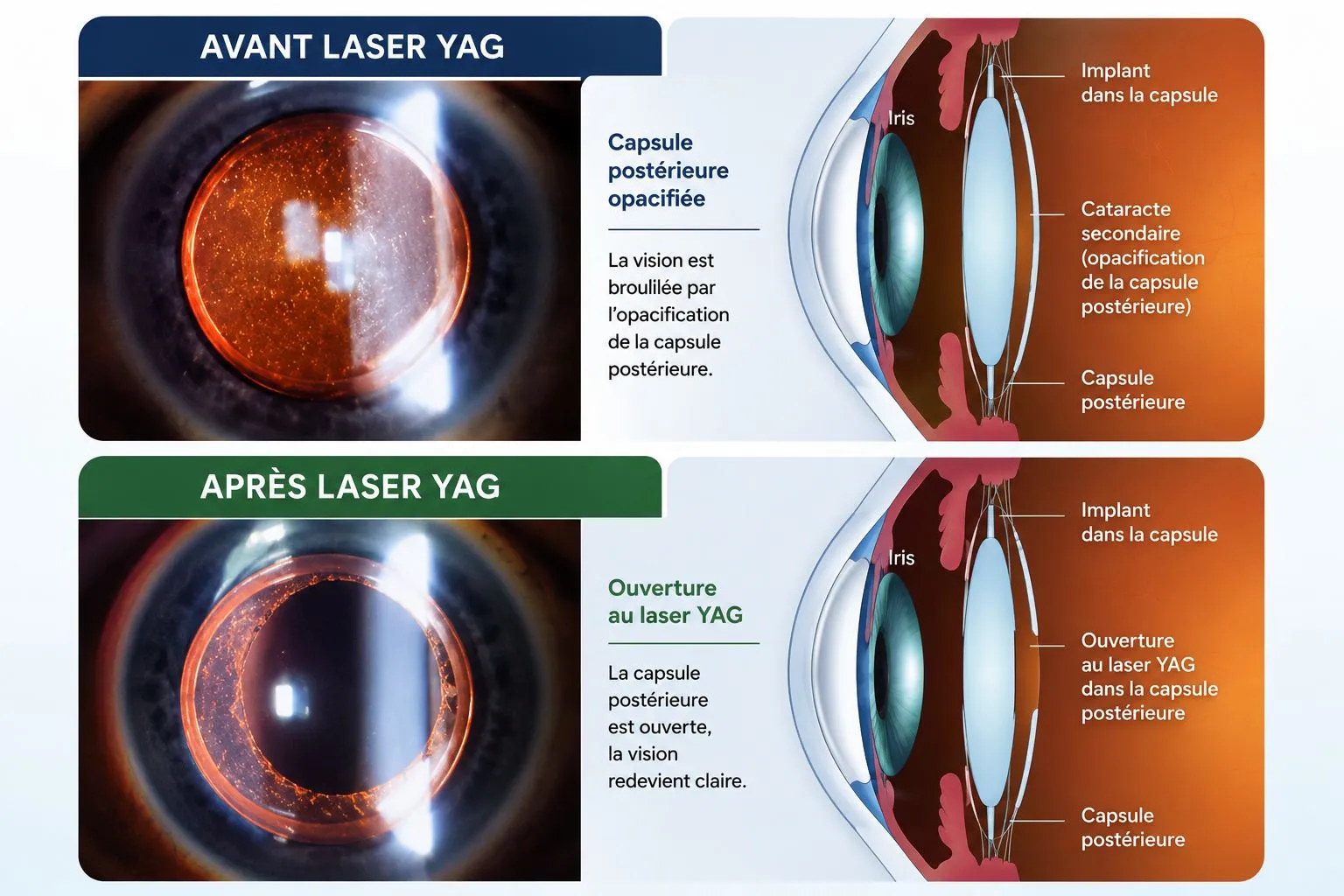 Avant / après laser YAG : capsule postérieure opacifiée brouillant la vision, puis ouverture au laser YAG dans la capsule — la vision redevient claire