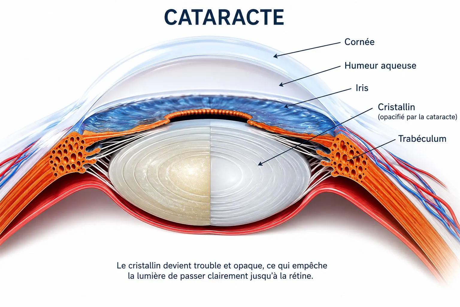 Schéma en coupe de l'œil atteint de cataracte : cornée, humeur aqueuse, iris, trabéculum et cristallin opacifié — la moitié gauche trouble, la moitié droite claire