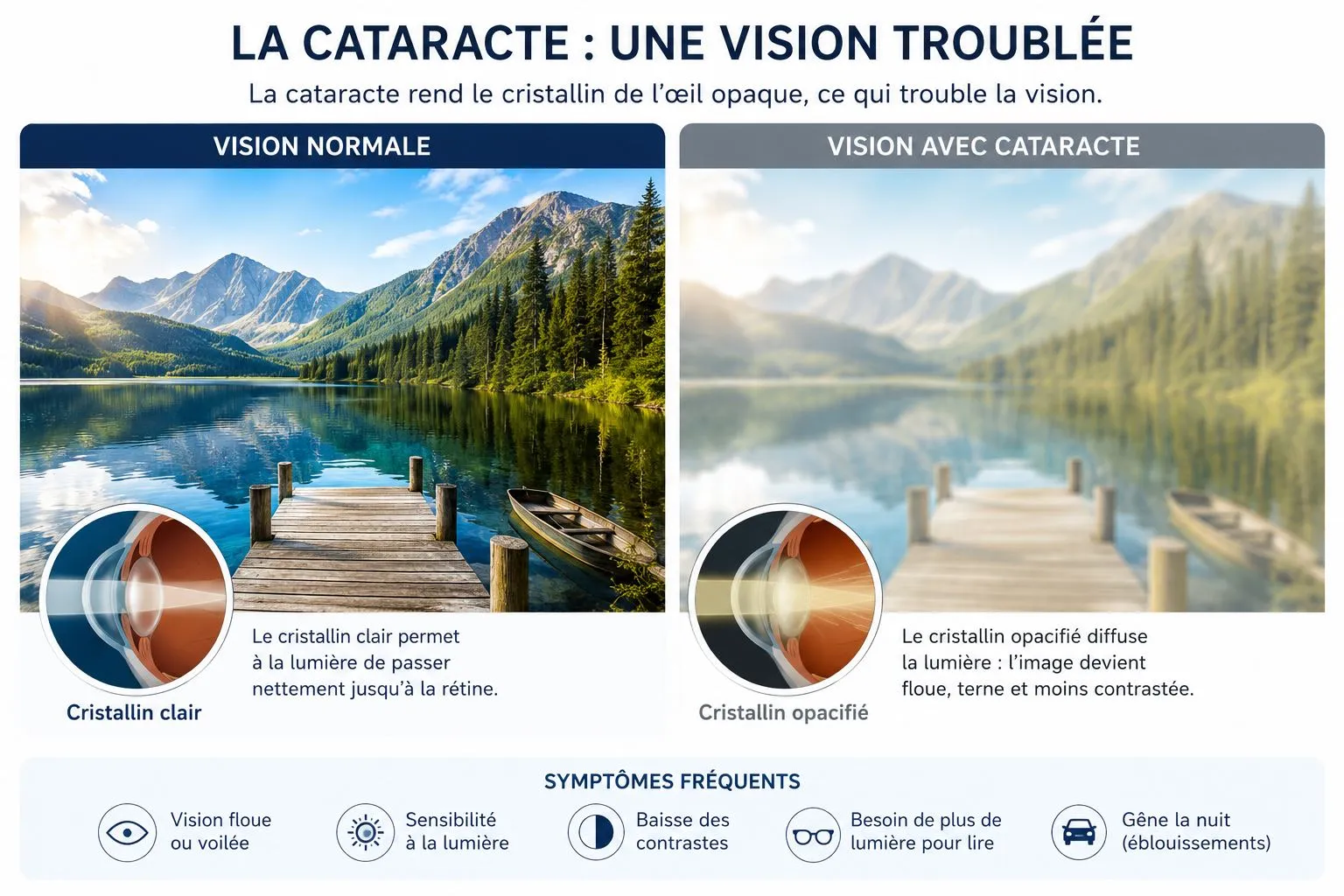 Comparaison vision normale et vision avec cataracte : à gauche un paysage net avec cristallin clair, à droite le même paysage flou et terne avec cristallin opacifié — symptômes fréquents : vision floue, sensibilité à la lumière, baisse des contrastes, besoin de plus de lumière pour lire, gêne la nuit