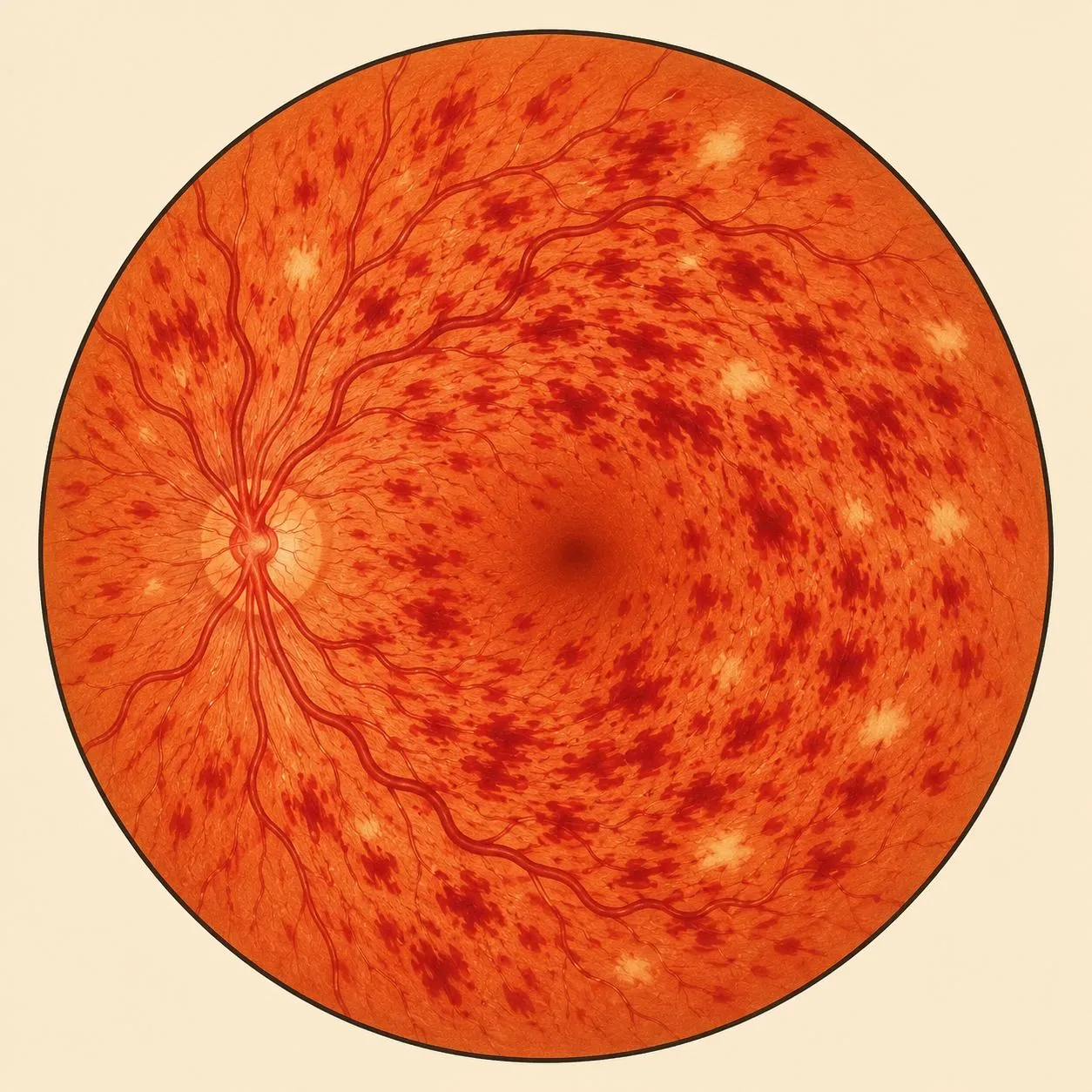 Fond d'œil d'une occlusion de la veine centrale de la rétine : hémorragies dans les quatre quadrants, veines dilatées et tortueuses