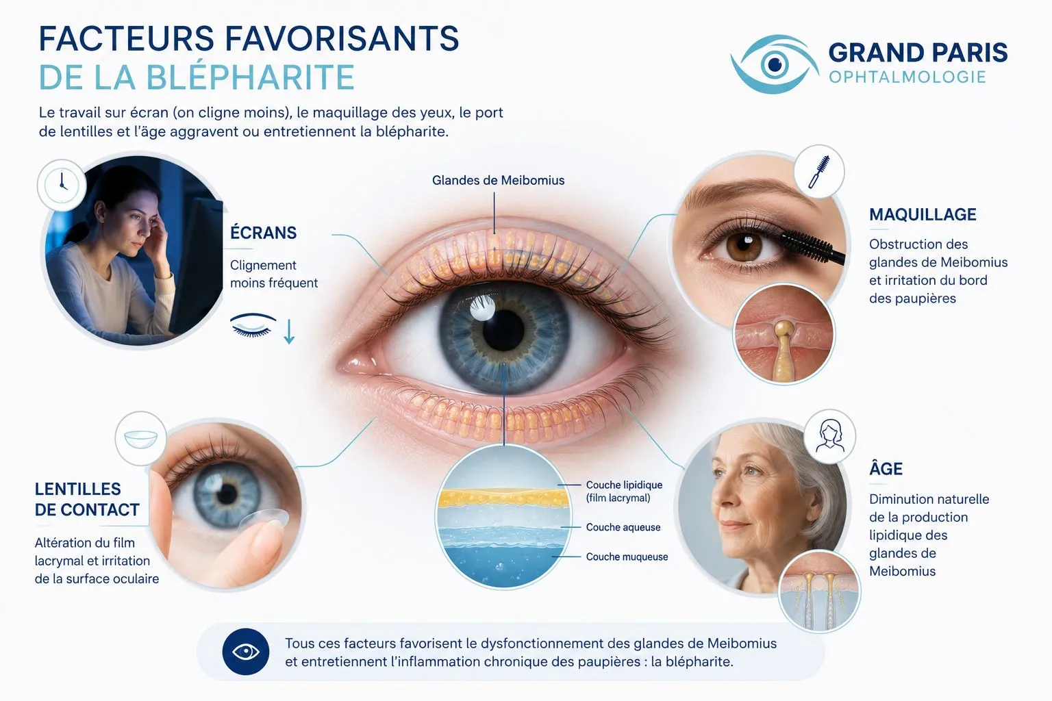 Infographie Grand Paris Ophtalmologie : les facteurs favorisants de la blépharite — écrans (clignement moins fréquent), maquillage, lentilles de contact et âge — qui favorisent le dysfonctionnement des glandes de Meibomius