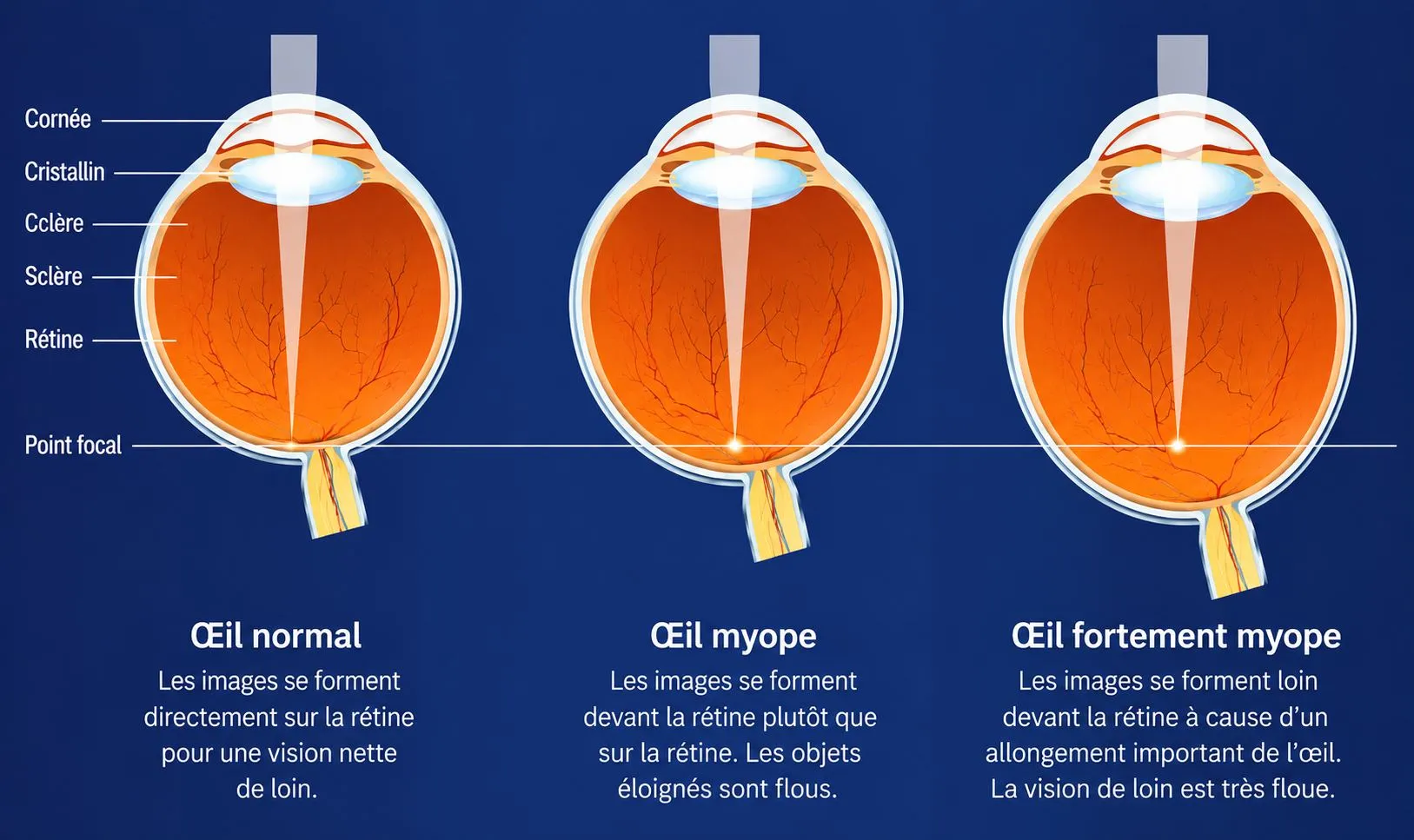 Schéma comparatif : œil normal (image nette sur la rétine), œil myope (image en avant de la rétine) et œil fortement myope (œil allongé, image très en avant de la rétine)