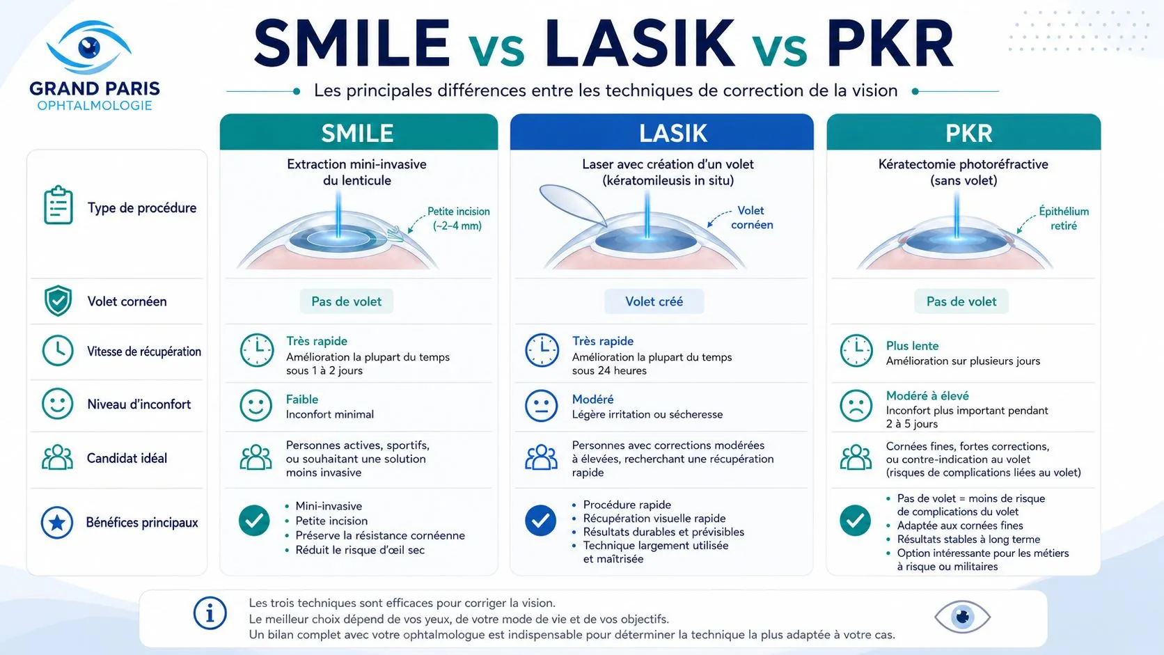 Tableau comparatif SMILE vs LASIK vs PKR : type de procédure, volet cornéen, vitesse de récupération, inconfort, candidat idéal et bénéfices de chaque technique de chirurgie réfractive