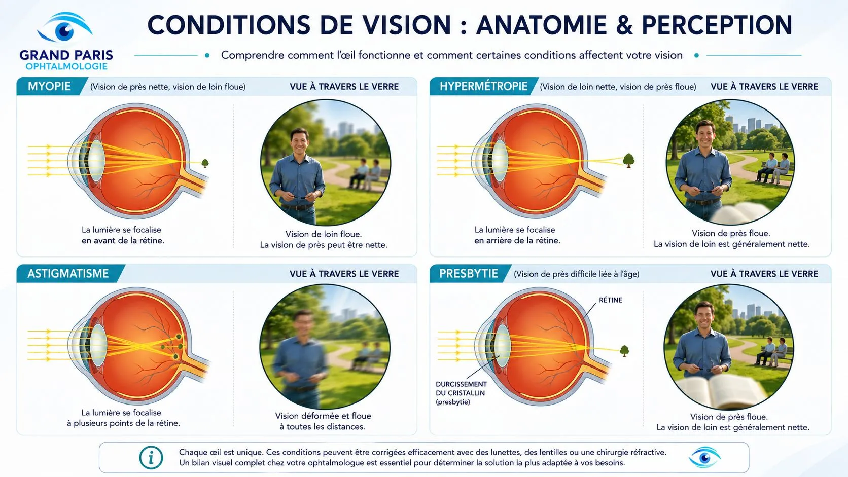 Schéma des quatre défauts visuels : myopie, hypermétropie, astigmatisme et presbytie — trajet de la lumière dans l'œil et vision perçue pour chacun