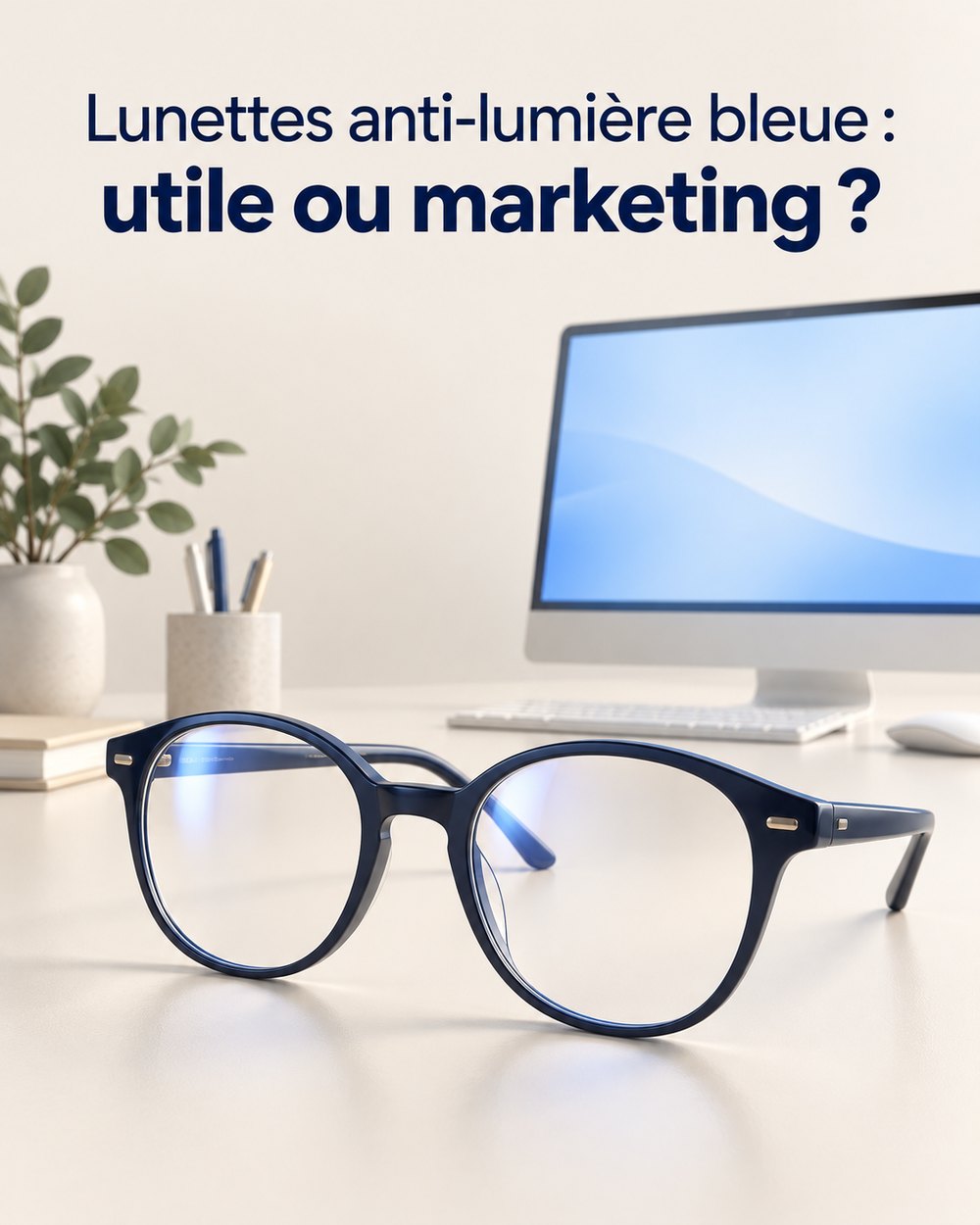 Lunettes anti-lumière bleue posées sur un bureau devant un écran