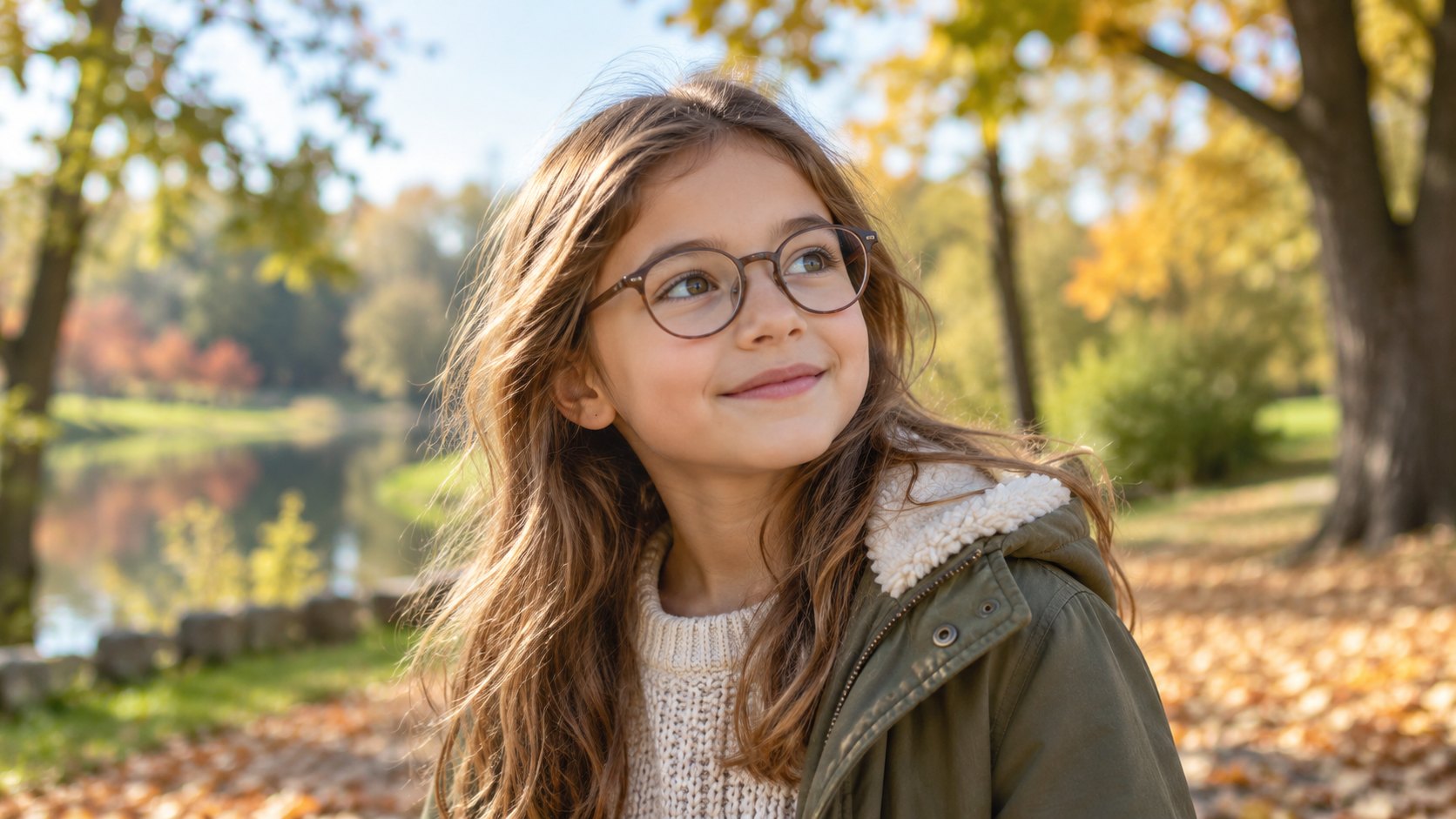 Fillette souriante portant des lunettes rondes dans un parc en automne