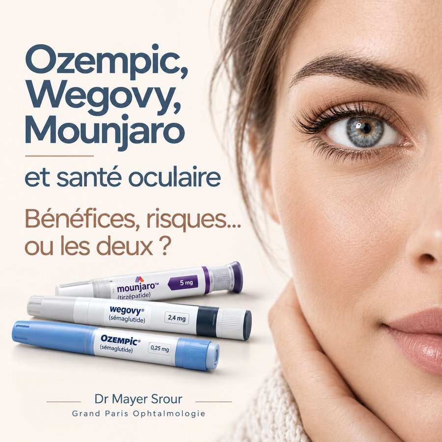 Stylos injecteurs Ozempic, Wegovy et Mounjaro à côté d'un gros plan sur un œil