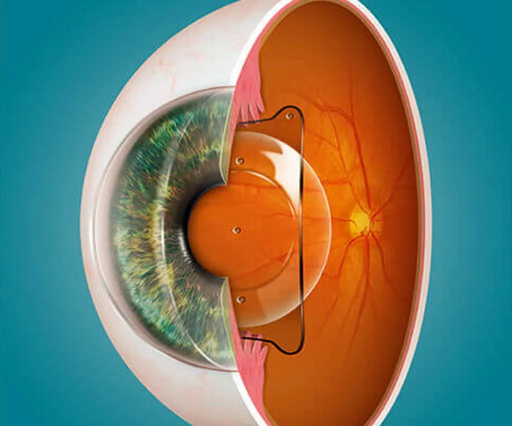 Vue en coupe d'un œil avec implant phaque (ICL) positionné devant le cristallin, derrière l'iris