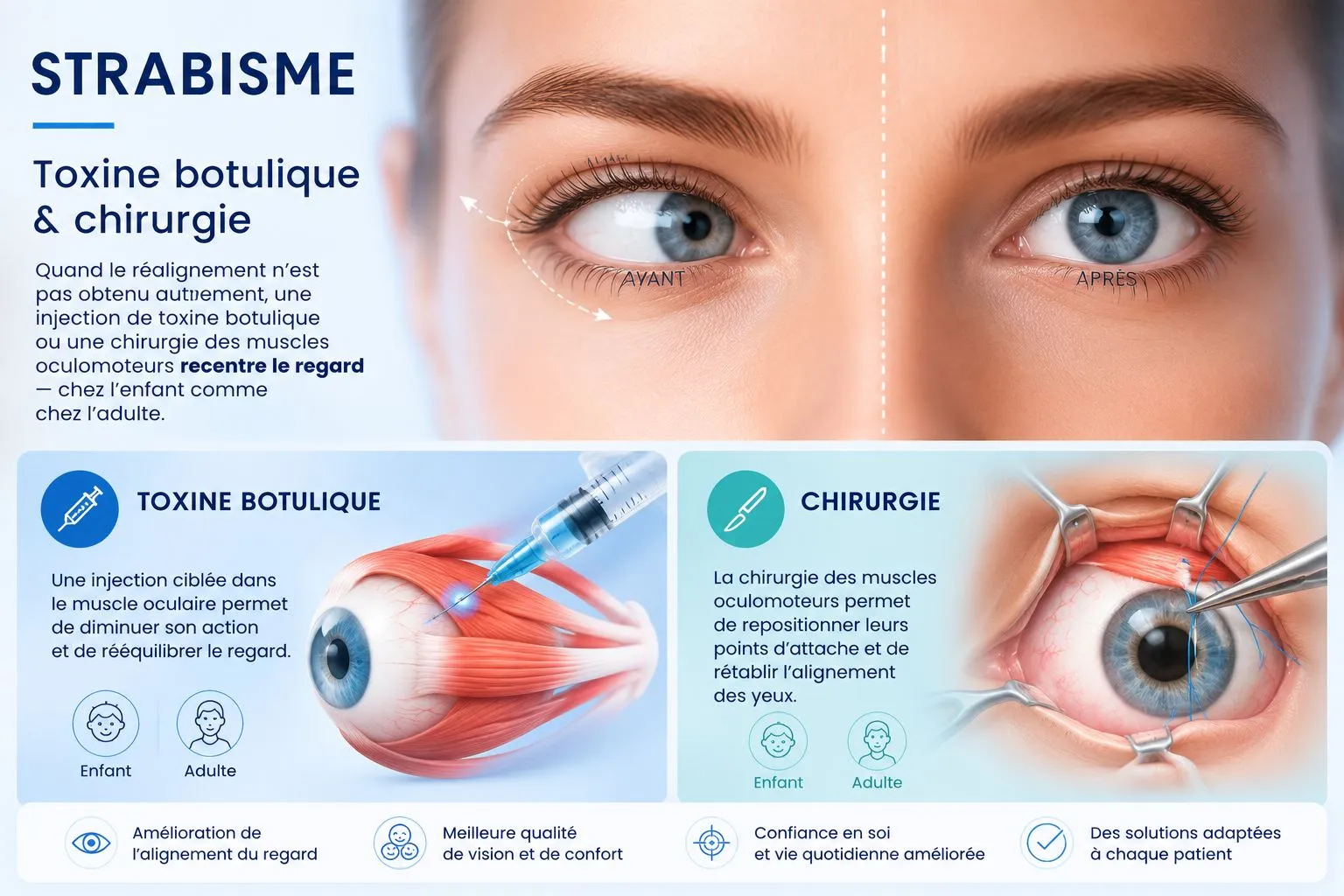 Infographie strabisme : toxine botulique (injection ciblée dans un muscle oculaire pour rééquilibrer le regard) et chirurgie des muscles oculomoteurs (repositionnement pour rétablir l'alignement), chez l'enfant comme chez l'adulte
