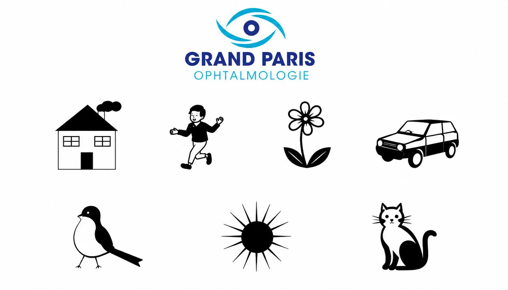 Échelle de lecture à pictogrammes pour enfants (maison, personnage, fleur, voiture, oiseau, soleil, chat) — type Pégassou, aux couleurs du cabinet Grand Paris Ophtalmologie