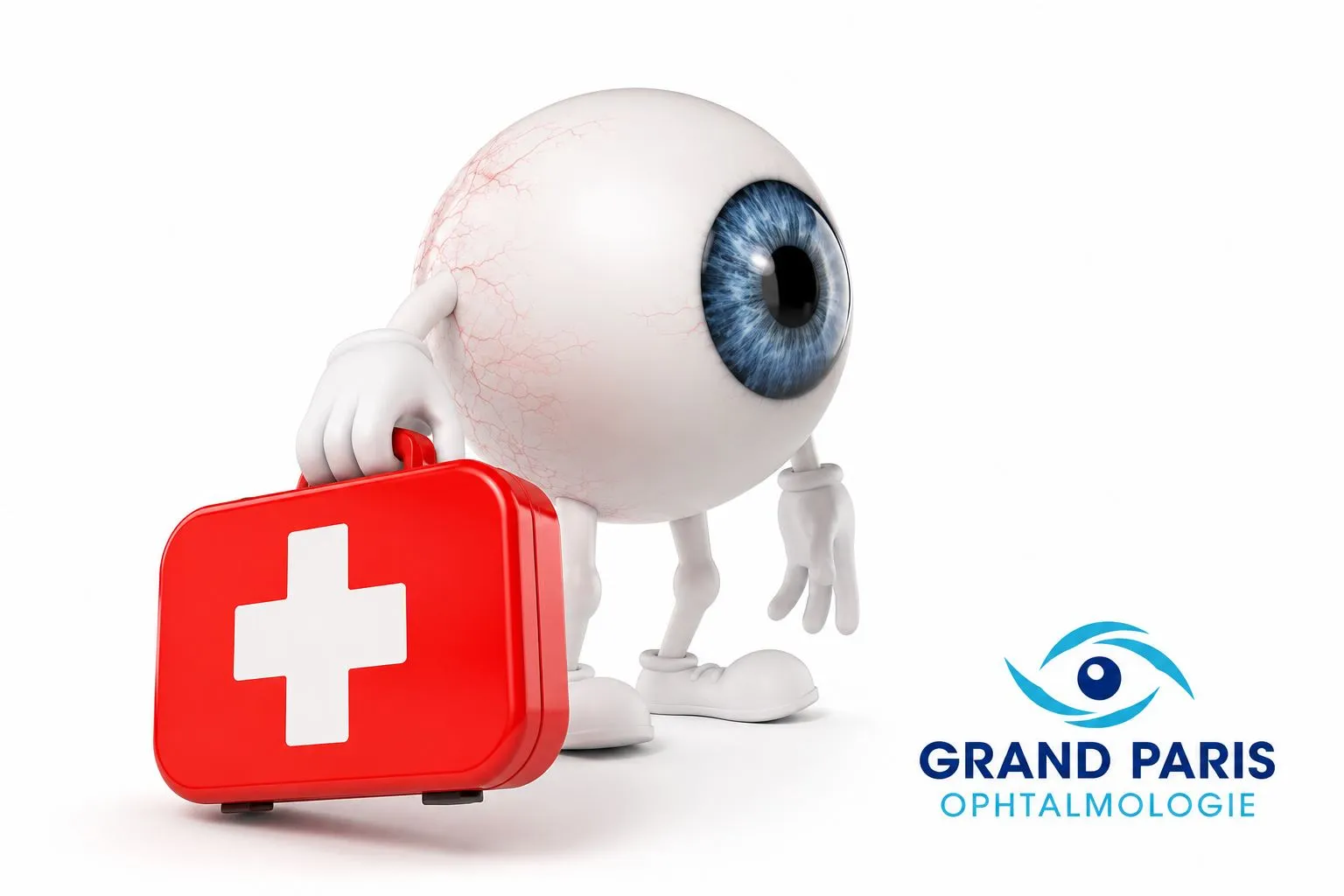 Mascotte œil de Grand Paris Ophtalmologie tenant une trousse de premiers secours — urgences ophtalmologiques
