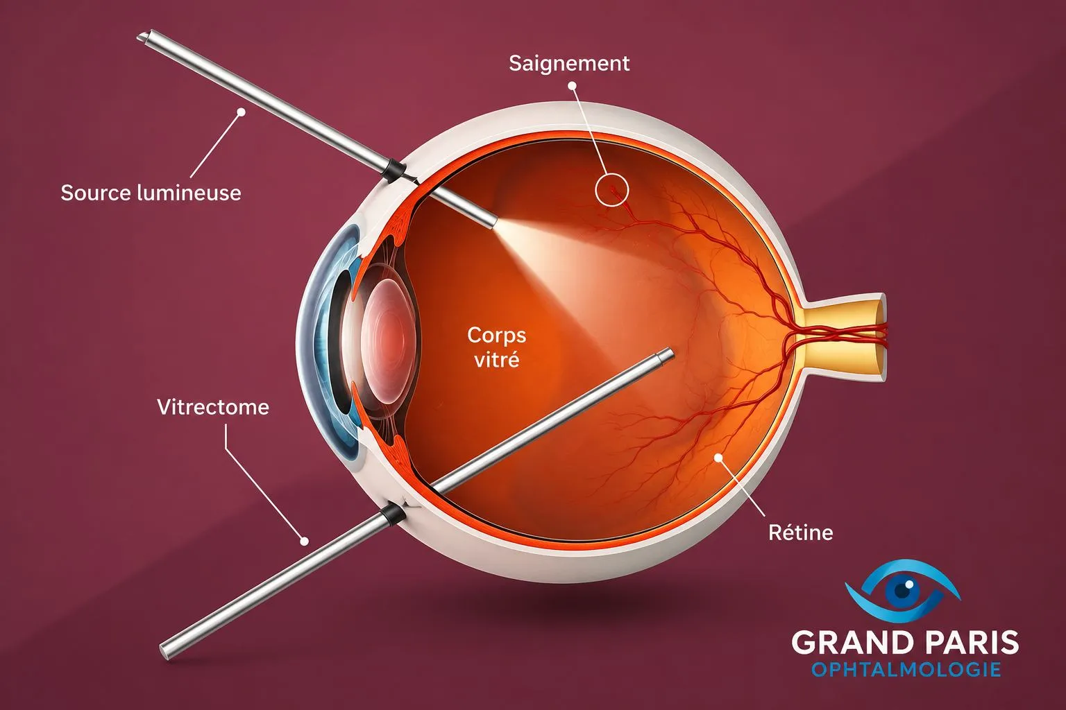 Schéma d'une vitrectomie : l'œil en coupe avec la source lumineuse et le vitrectome introduits dans le corps vitré, la rétine et un saignement