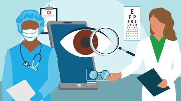 Illustration : deux ophtalmologues autour d'un smartphone affichant un œil, avec échelle d'acuité visuelle, loupe et lunettes — la consultation ophtalmologique